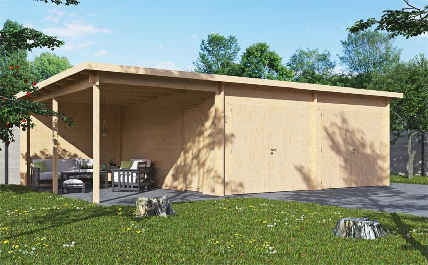 Doppel-Holzgarage mit Flachdach und Terrasse